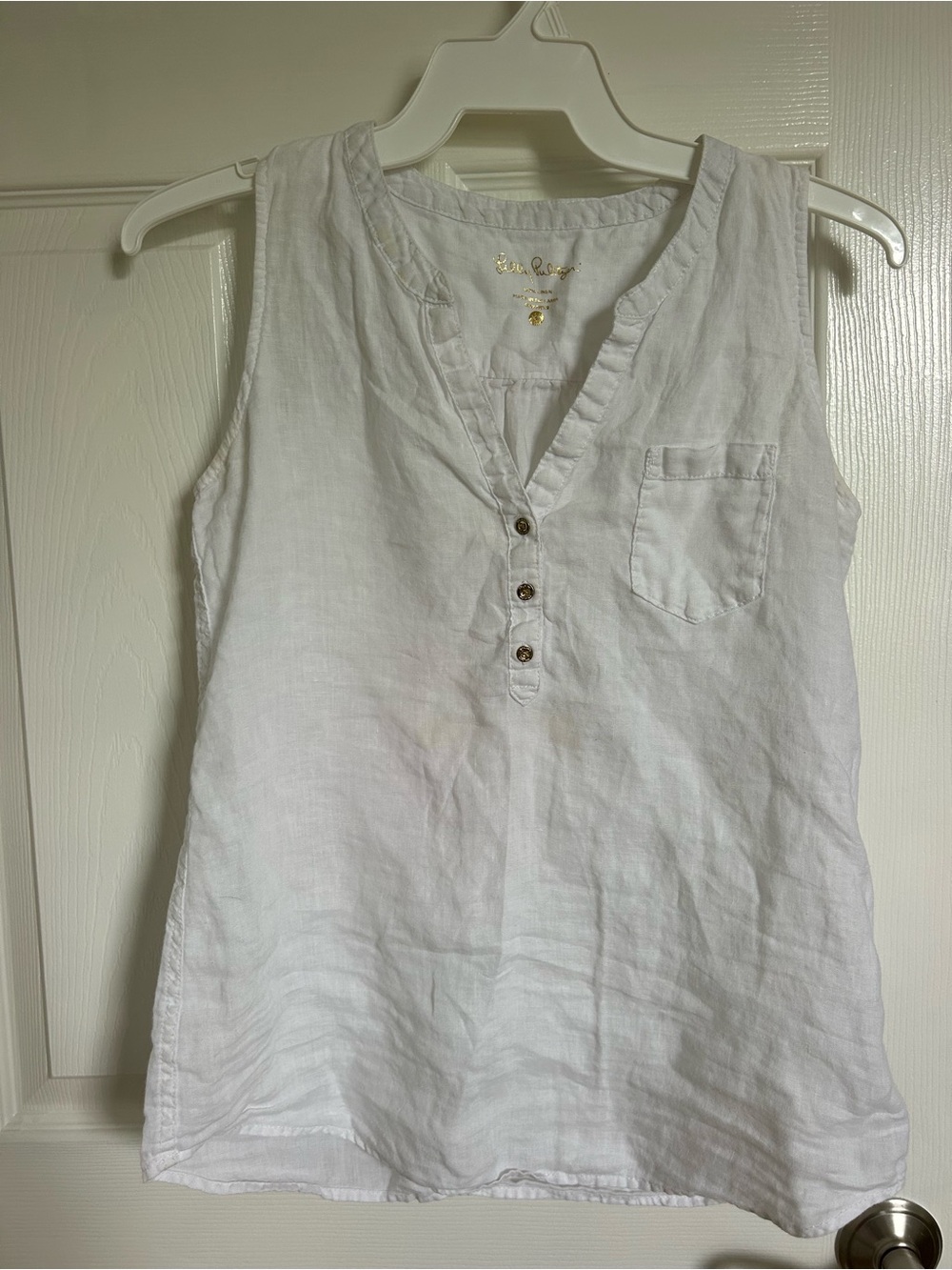Lilly Pulitzer White Sleeveless Linen Henley Tank Top